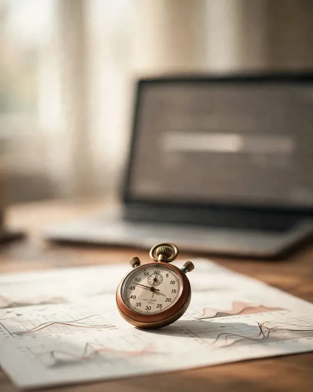 Stopwatch di atas grafik latensi dengan bilah loading laptop buram — presisi budget baca